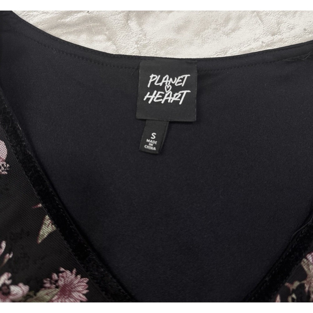 Planet Heart Y2K Black Floral Babydoll Slip Dress Sz Small Romantic Velvet Trim - Picture 9 of 15